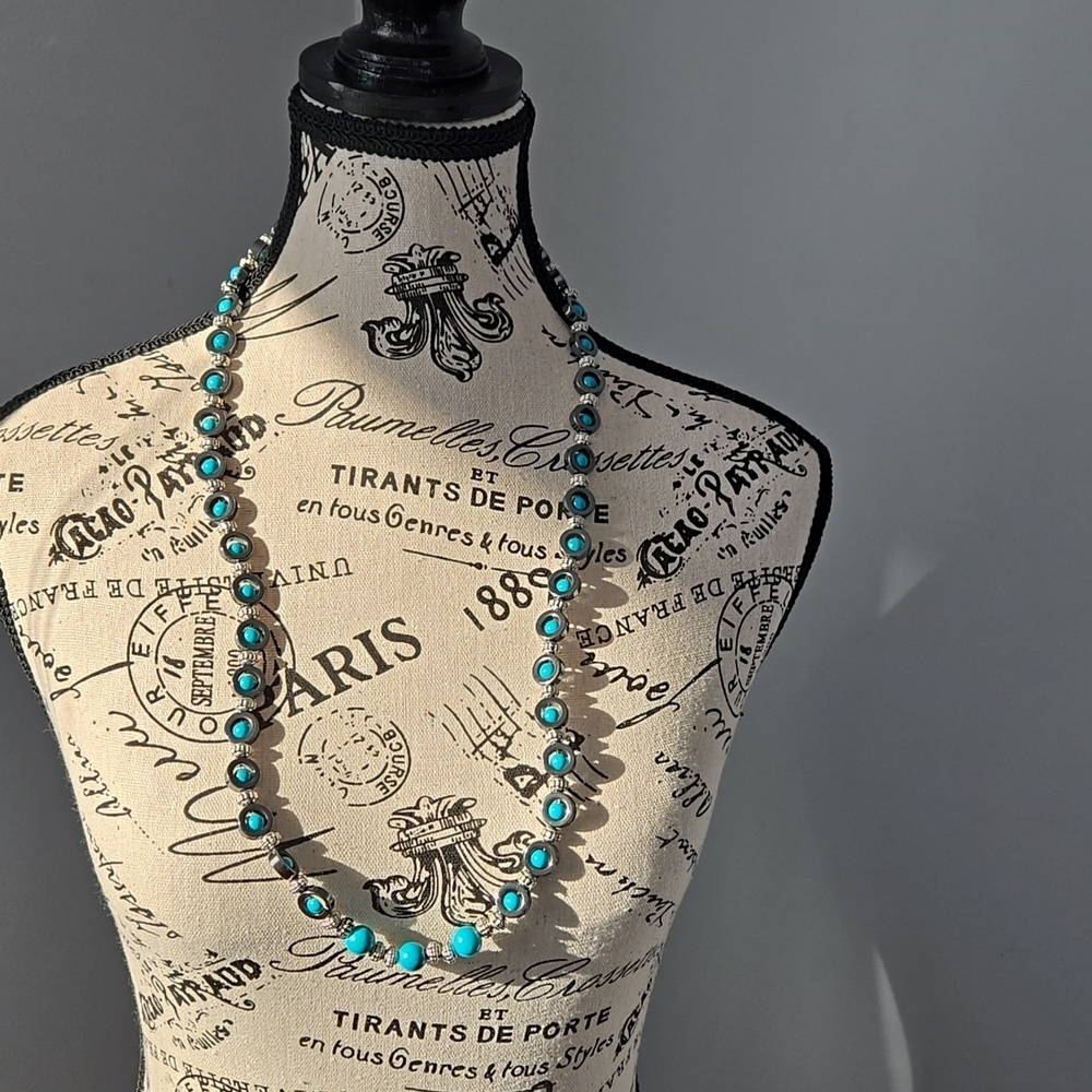 Hand-made hematite & wooden turquoise beaded necklace.  30 inches long.